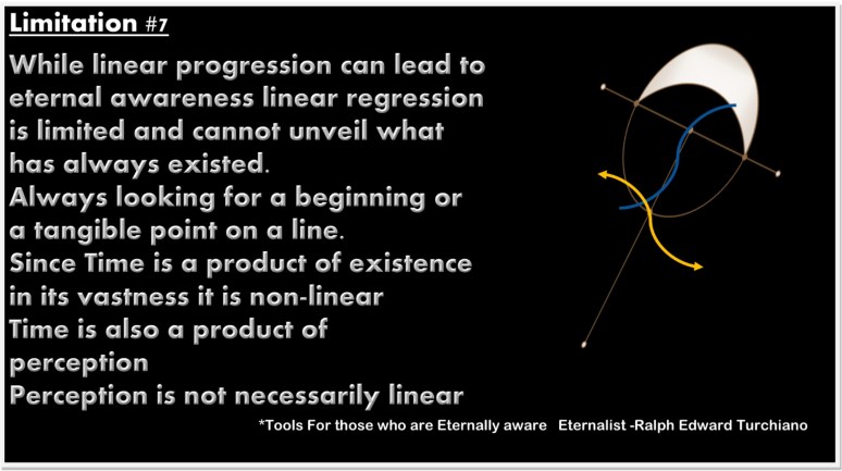 While linear progression can lead to eternal awareness linear regression is limited and cannot unveil what has always existed. Always looking for a beginning or a tangible point on a line. Since Time is a product of existence in its vastness it is non-linear Time is also a product of perception Perception is not necessarily linear